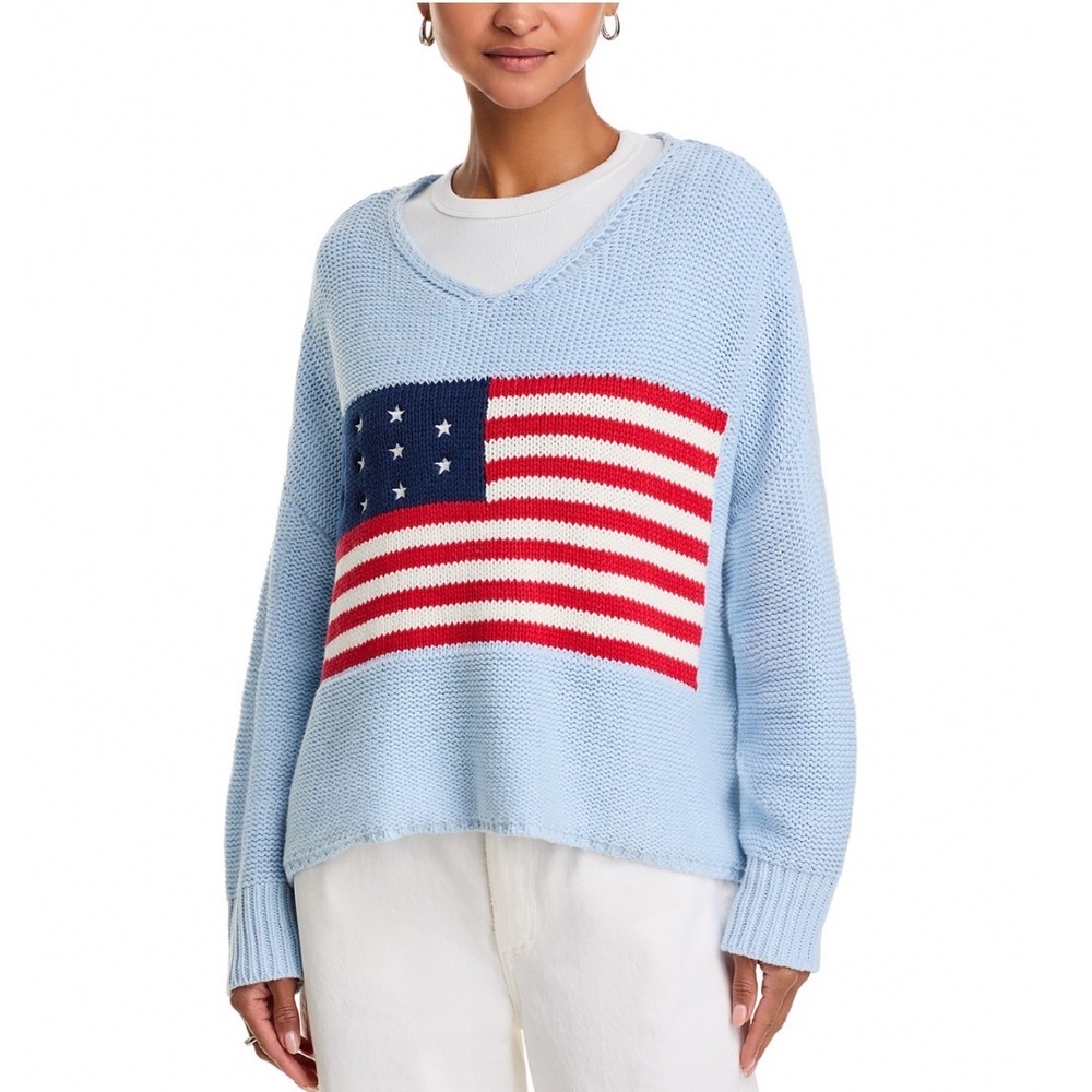 Vintage Havana‎ American Flag Graphic Knit Sweater Light Blue B12138 Small NWT